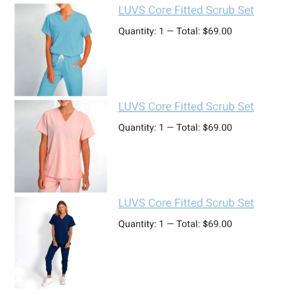 Brand new in package.  3 complete sets of LUVS scrubs with jogger bottoms.